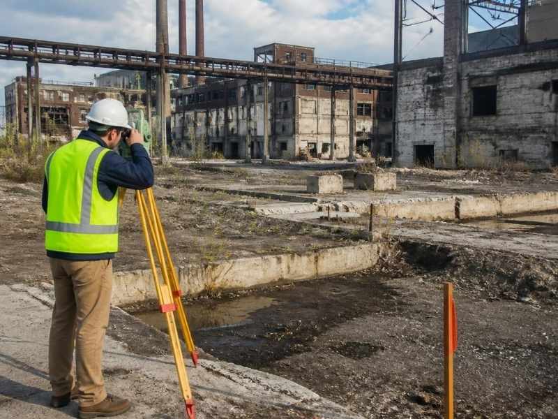 ALTA surveyor mapping former industrial brownfield property conditions before redevelopment in rochester ny