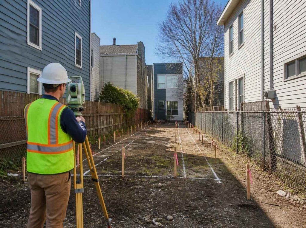 Surveyor in a neon safety vest and hard hat uses a tripod-mounted theodolite to map a small construction yard between houses.