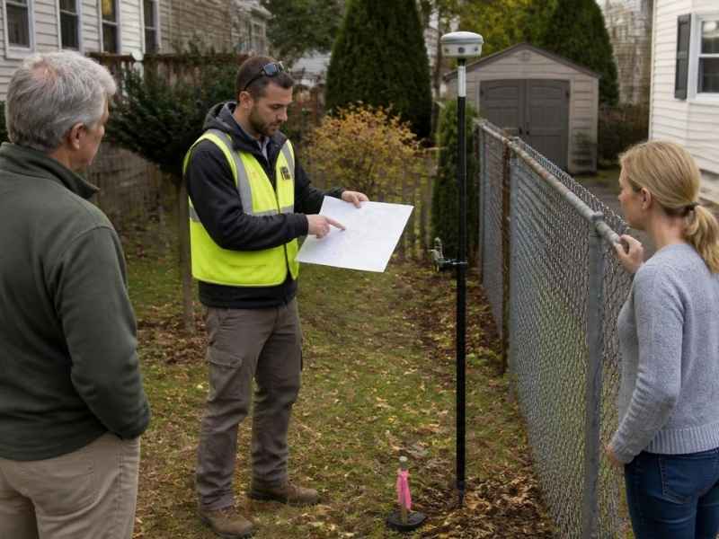 Property line survey in Rochester NY showing a surveyor helping neighbors review a fence location, boundary markers, and property line evidence.