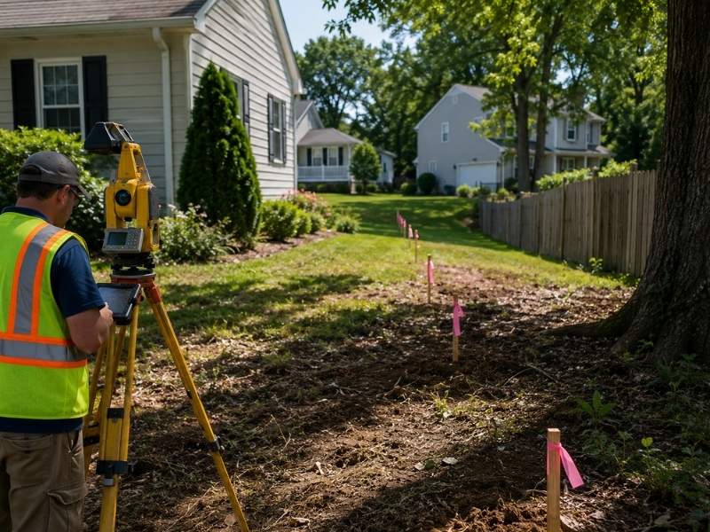 Property line markers in Rochester NY showing a residential boundary being reestablished after original corner markers were disturbed or lost.